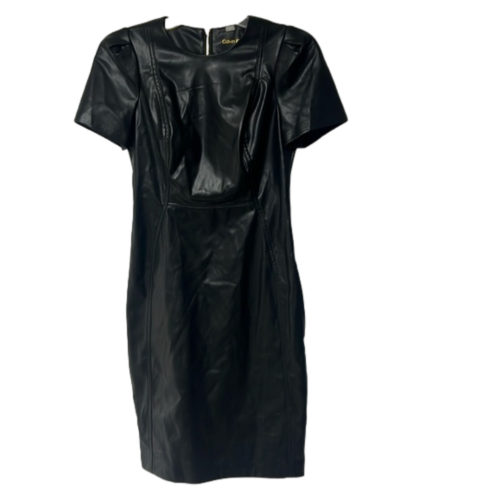 EUC Women’s Vegan Leather black Calvin Klein Dress size 4 gold zipper